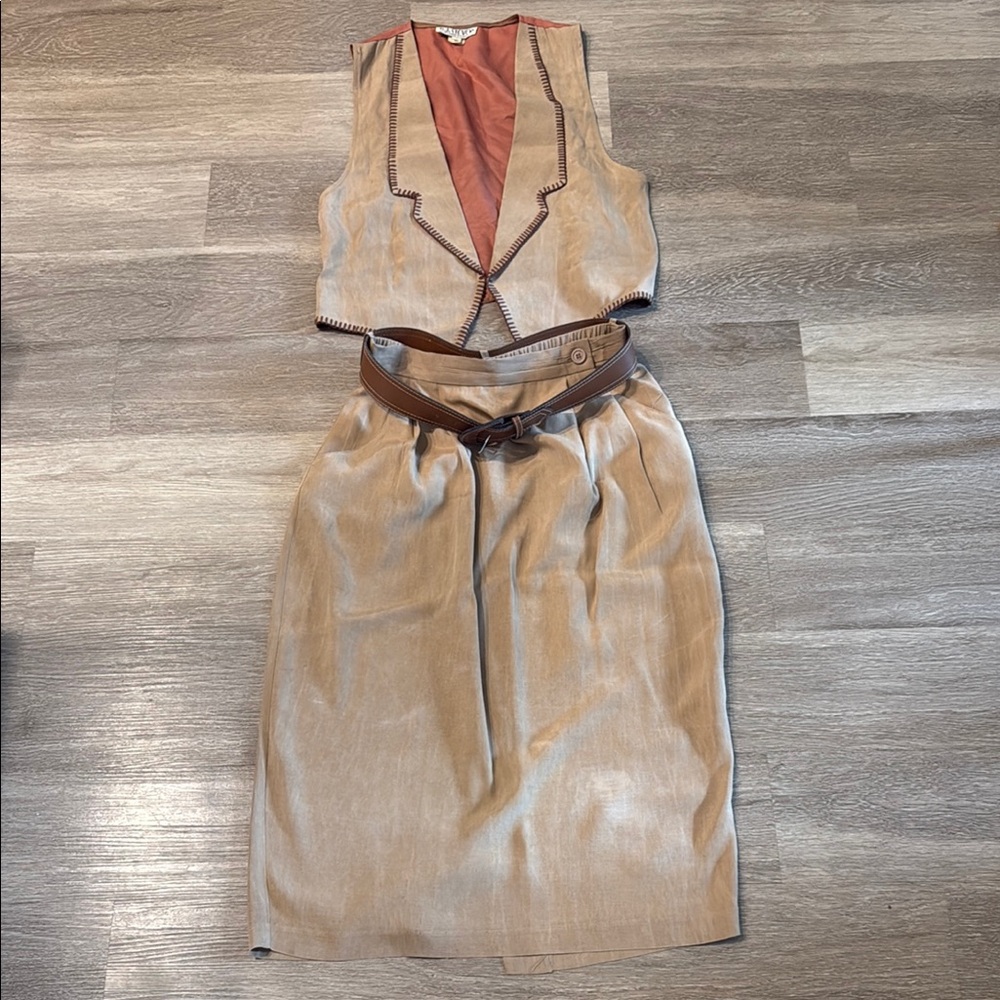 R.J. Stevens 2 piece Tan Vest and Skirt Set with Brown Belt